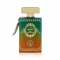 Lattafa Fire On Ice by Lattafa 100ml EDP Unisex — Clear glass bottle with golden liquid and cap, showing ice cubes inside.