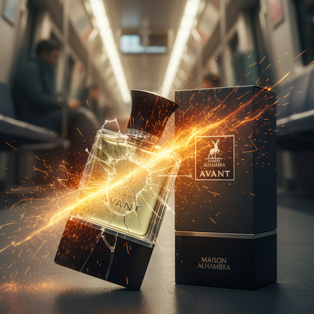 Perfume bottle broken, citrus sparks emerging; KL LRT train Malaysia — clear bottle and box, cinematic lighting