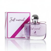 Maison Alhambra Just Married by Maison Alhambra Woman 100ml — Purple glass perfume bottle with silver cap and pink ribbon, next to its white box with pink ribbon.