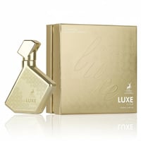 Gold perfume bottle and packaging with 'Luxe' branding on a white background