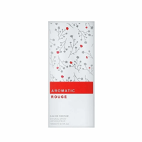 Maison Alhambra Aromatic Rouge — White perfume box with a delicate floral pattern of grey branches and red buds, a red band with 'AROMATIC ROUGE' text, and product details at the bottom.