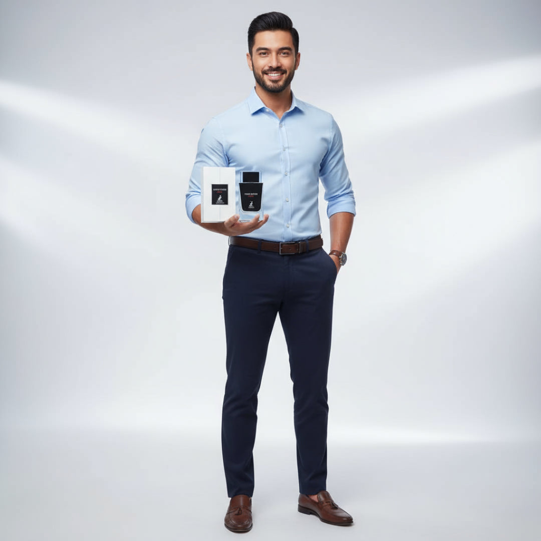 Perfume bottle and packaging of 'Dark Door Sport' by Maison Alhambra on a white background