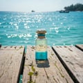 Pacific Blue di jeti nelayan Penang, air berkilau biru dan tekstur kayu lama.