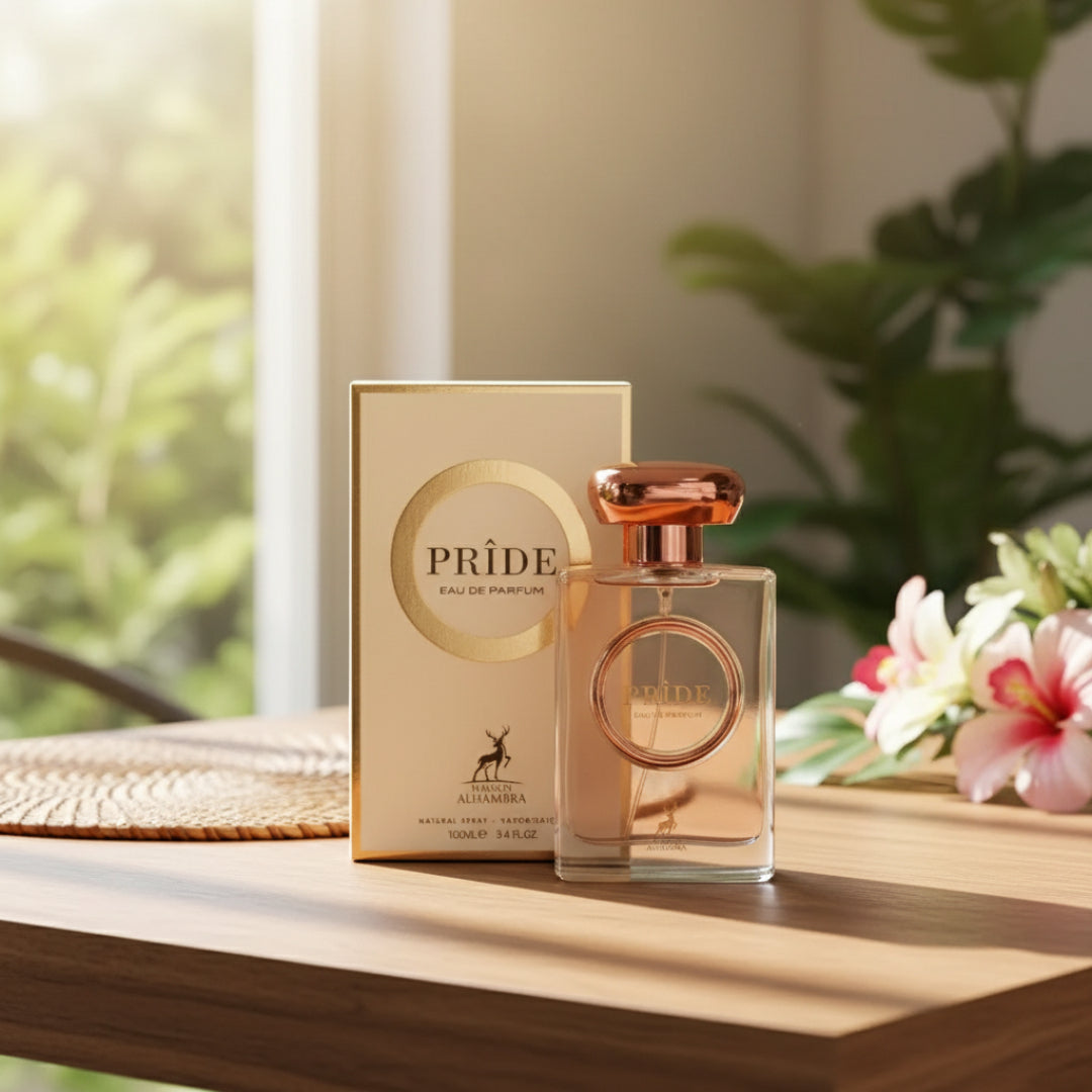 Lattafa Golden Oud — Gold fluted perfume bottle and matching box with Arabic script and ornate gold frame on a grey textured