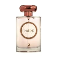Maison Alhambra Pride by Maison Alhambra 100ml EDP Women — Clear glass perfume bottle with rose gold cap, circular label with 'PRIDE' and 'EAU DE PARFUM' text, and a deer silhouette logo at the bottom.