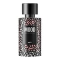 Perfume bottle labeled 'Mood' with a geometric pattern on a white background