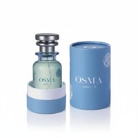 Osma Amber A Amber & Leather 75ml EDP — A light blue perfume bottle with a silver cap, presented in a light blue cylindrical box with rose motifs, set against a white background.
