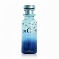 Blue perfume bottle with floral design on a white background