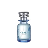 Osma Fruity O Mandarin & Amber 75ml EDP — A clear glass perfume bottle with a silver cap, featuring blue floral designs and the brand name 'OSMA' in blue text.