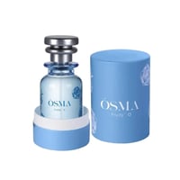 Osma Fruity O Mandarin & Amber 75ml EDP — A clear glass perfume bottle with a silver cap, featuring blue floral designs, sits in a light blue cylindrical box with a matching lid.