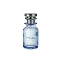 Osma Osma Floral A Ginger Blossom 75ml — A clear glass perfume bottle with a silver ribbed cap, filled with light blue liquid and decorated with blue floral motifs.