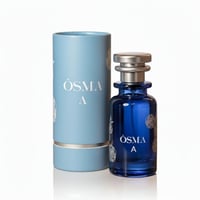 Osma Osma A Tropical & Soft 150ml EDP — Blue glass perfume bottle with silver cap, next to a light blue cylindrical box with silver floral accents, both featuring the Osma A logo.