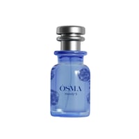 Osma Woody S Mango Leather 75ml EDP — Blue glass perfume bottle with silver cap and blue rose floral print