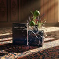 Lattafa Eclaire Banoffi — Perfume bottle and box on a wooden table with lit candles and scattered wooden petals.