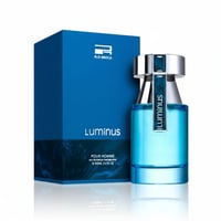 Rue Broca Luminus Pour Homme — Blue glass perfume bottle with silver and blue cap, next to a matching blue box with the Rue Broca logo.