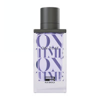 Rue Broca On Time Pour Homme EDP Men — Clear glass perfume bottle with purple liquid, featuring repeated "ON TIME" text pattern and a dark grey cap.