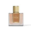Lattafa Ana Abiyedh Coral — Rectangular glass perfume bottle with coral-pink liquid, gold ornate label, and black cap.