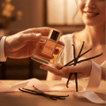 Lattafa Ana Abiyedh Coral — Amber glass perfume bottle with gold ornate label sits on a car's wooden dashboard