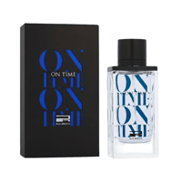Rue Broca Rue Broca On Time Pour Homme EDP Men 100ml — Black box with blue 'ON TIME' text and a clear glass perfume bottle with blue 'ON TIME' text on a white background.
