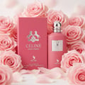 Lattafa Fakhar Rose Gold — Round pink perfume bottle with gold accents on wet street at night, neon lights, blurred city