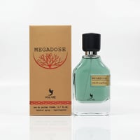 Volare Megadose Man Atlas Volare EDP For Him — Brown cardboard box with red tree graphic next to a clear glass perfume bottle with green liquid and a black cap.