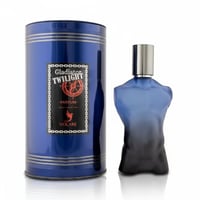 Volare Parfum Gladiator Twilight 100ml by Volare Man — Blue cylindrical tin with silver stripes and a black label, next to a blue gradient torso-shaped perfume bottle with a silver cap.