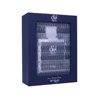 Zimaya Abadi Opulent by Zimaya EDP 100ml Men — Kotak hadiah biru gelap dengan corak bertekstur pada panel hadapan, logo Abadi dan tulisan 'eau de parfum zimaya' di bahagian bawah.