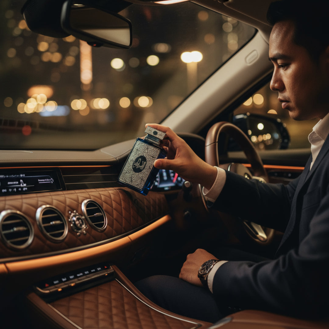 Malay man with Al Embratur Intense by Zimaya perfume in car dashboard KL night lights luxury scent Malaysia