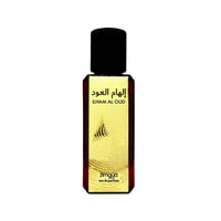 Zimaya Ilham Al Oud by Zimaya 100ml EDP Unisex — Botol minyak wangi kaca merah gelap tinggi berbentuk segiempat dengan penutup hitam, memaparkan teks emas Arab dan Inggeris serta reka bentuk bulat emas bertekstur.