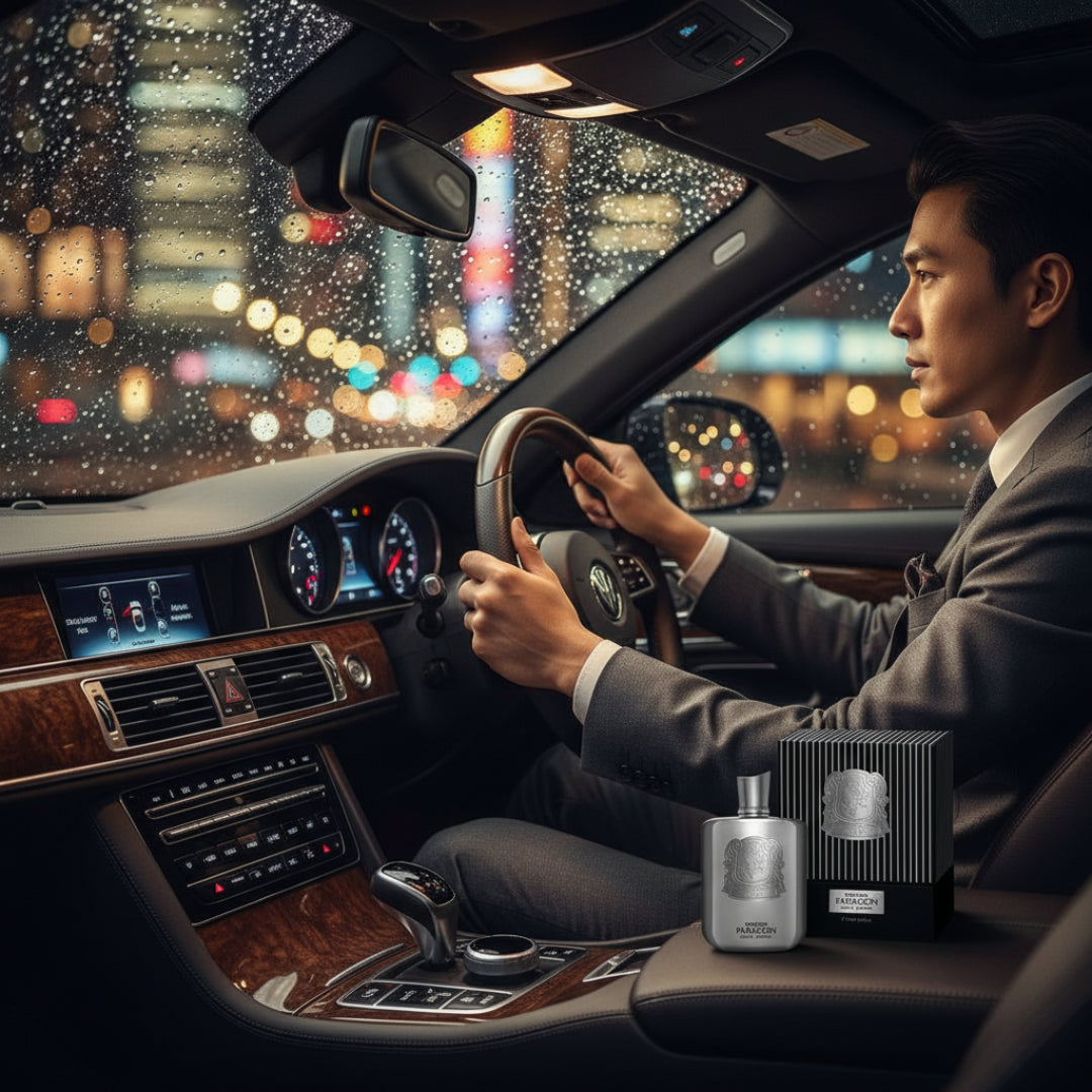 Zimaya Phantom Paragon perfume bottle on car dashboard rainy city lights Malay man men fragrance Malaysia