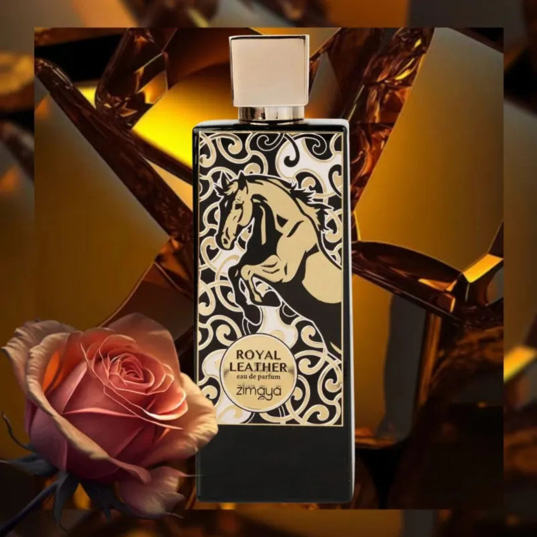 Perfume bottle with intricate design and horse illustration, placed next to a pink rose on a warm-toned background.