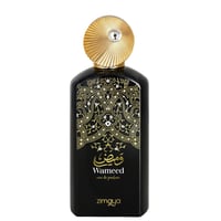 Zimaya Wameed Eau de Parfum — Botol minyak wangi hitam segi empat dengan kaligrafi Arab emas berhias dan corak geometri, di atasnya penutup emas bertekstur.