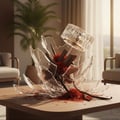 Zimaya Sharaf Blend unisex perfume Broken glass vase with saffron on a table in a room with plants and furniture.