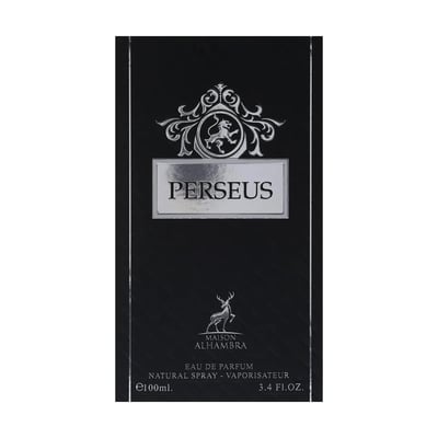Maison Alhambra Perseus Exclusif by Maison Alhambra 100ml — Black perfume box with silver ornate crest and lion emblem above the name PERSEUS, and a deer silhouette below the brand name MAISON ALHAMBRA. | Maison Alhambra Perseus Exclusif by Maison Alhambra 100ml — Kotak minyak wangi hitam dengan lambang berukir perak