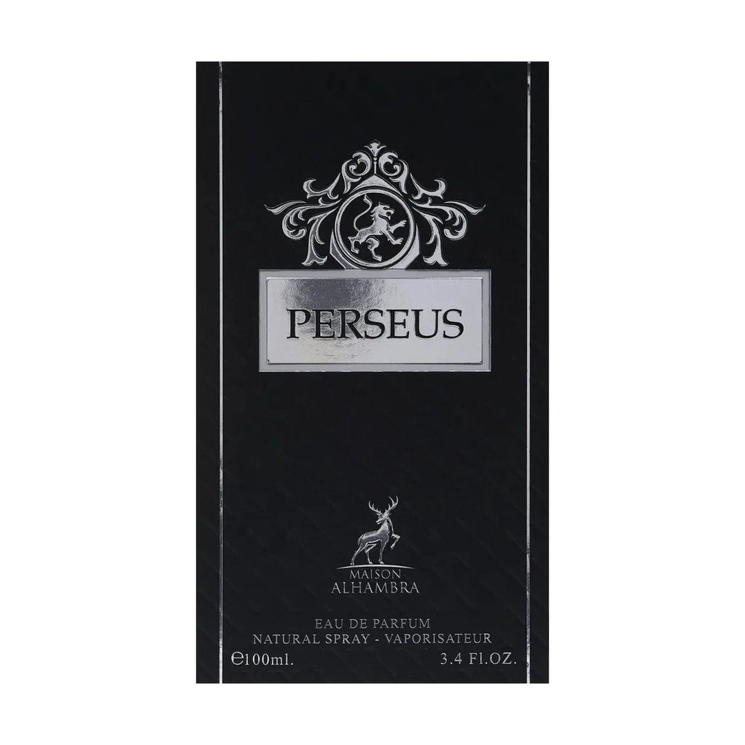 Maison Alhambra Perseus Exclusif by Maison Alhambra 100ml — Black perfume box with silver ornate crest and lion emblem above the name PERSEUS, and a deer silhouette below the brand name MAISON ALHAMBRA. | Maison Alhambra Perseus Exclusif by Maison Alhambra 100ml — Kotak minyak wangi hitam dengan lambang berukir perak