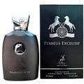 Maison Alhambra Perseus Exclusif — A dark grey perfume bottle with a silver cap and emblem sits next to its matching black box, which features silver horse graphics and product details. | Botol minyak wangi kelabu gelap dengan penutup dan lambang perak diletakkan di sebelah kotak hitam yang sepadan, menampilkan grafik
