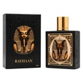 Rayhaan Pharaoh by Rayhaan 100ml EDP Unisex — Black perfume box and bottle with Egyptian pharaoh motif, gold accents, and hieroglyphics.