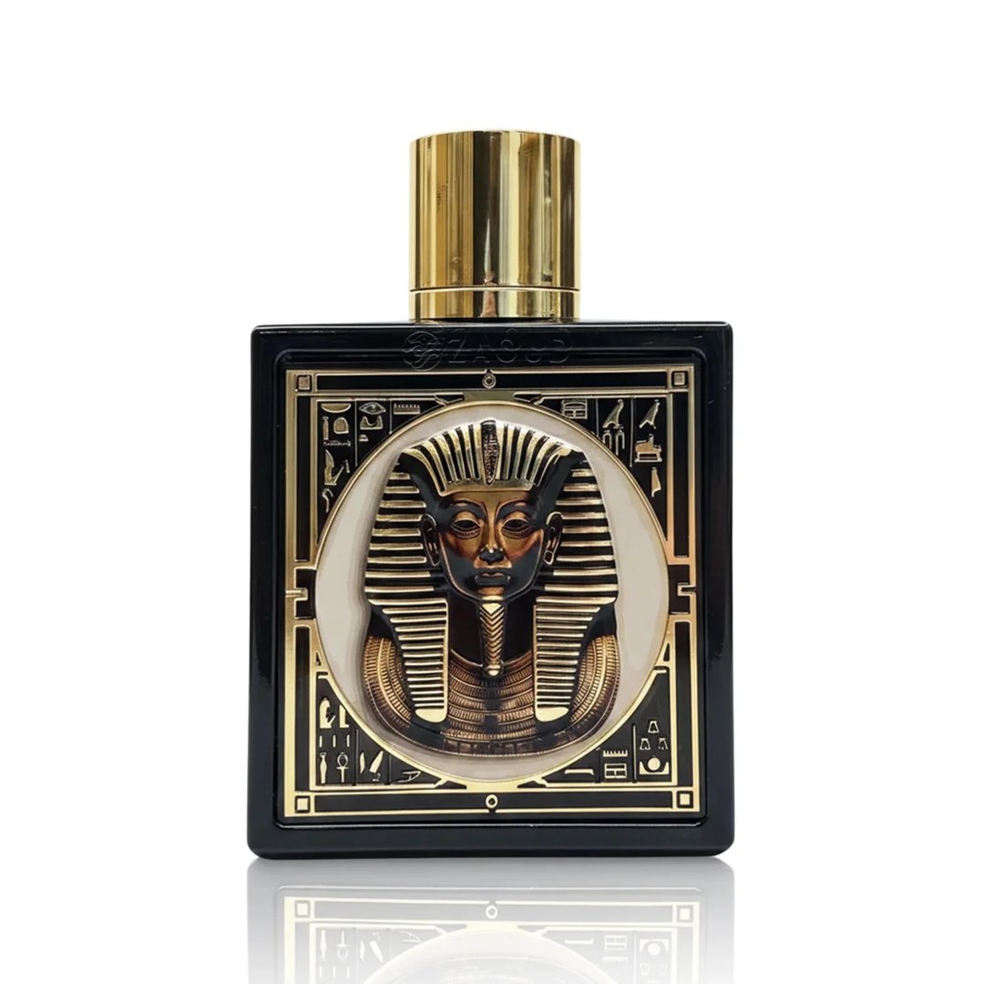 Rayhaan Pharaoh by Rayhaan 100ml EDP Unisex — Black perfume bottle with gold cap, featuring a raised, detailed gold pharaoh mask and hieroglyphics on the front.