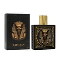 Pharaoh by Rayhaan 100ml EDP Unisex — Black perfume box with Egyptian pharaoh mask and hieroglyphs, next to a black perfume bottle with gold cap and matching pharaoh mask design.