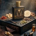 Rayhaan Pharaoh by Rayhaan 100ml EDP Unisex — Black perfume bottle with gold pharaoh emblem, surrounded by saffron, vanilla pods, cardamom pods, coffee beans, and amber resin.