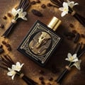 Pharaoh by Rayhaan 100ml EDP Unisex — Black bottle with gold pharaoh mask design, surrounded by vanilla pods, white flowers, coffee beans, and brown sugar on a wooden surface.