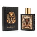 Rayhaan Pharaoh by Rayhaan 100ml EDP Unisex — Black perfume box with Egyptian hieroglyphs and a gold pharaoh mask, next to a black perfume bottle with a gold cap and a gold pharaoh mask emblem.