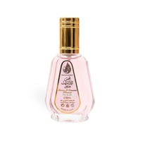 Ard Al Zaafaran Pink Blush Shams Al Emarat Khususi 50ml — Pink perfume bottle with a gold cap, featuring Arabic and English text labels.