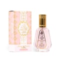 Ard Al Zaafaran Pink Blush Shams Al Emarat Khususi 50ml — Pink perfume bottle with gold cap next to its matching pink and gold patterned box, both displaying Arabic calligraphy and text.