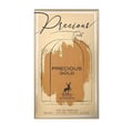 Maison Alhambra Precious Gold 80ml — A gold-toned perfume box with "Precious Gold" text in elegant script and block letters, featuring a deer silhouette and abstract brushstroke design. | Maison Alhambra Precious Gold 80ml — Kotak minyak wangi berwarna emas dengan teks "Precious Gold" dalam tulisan skrip yang elegan