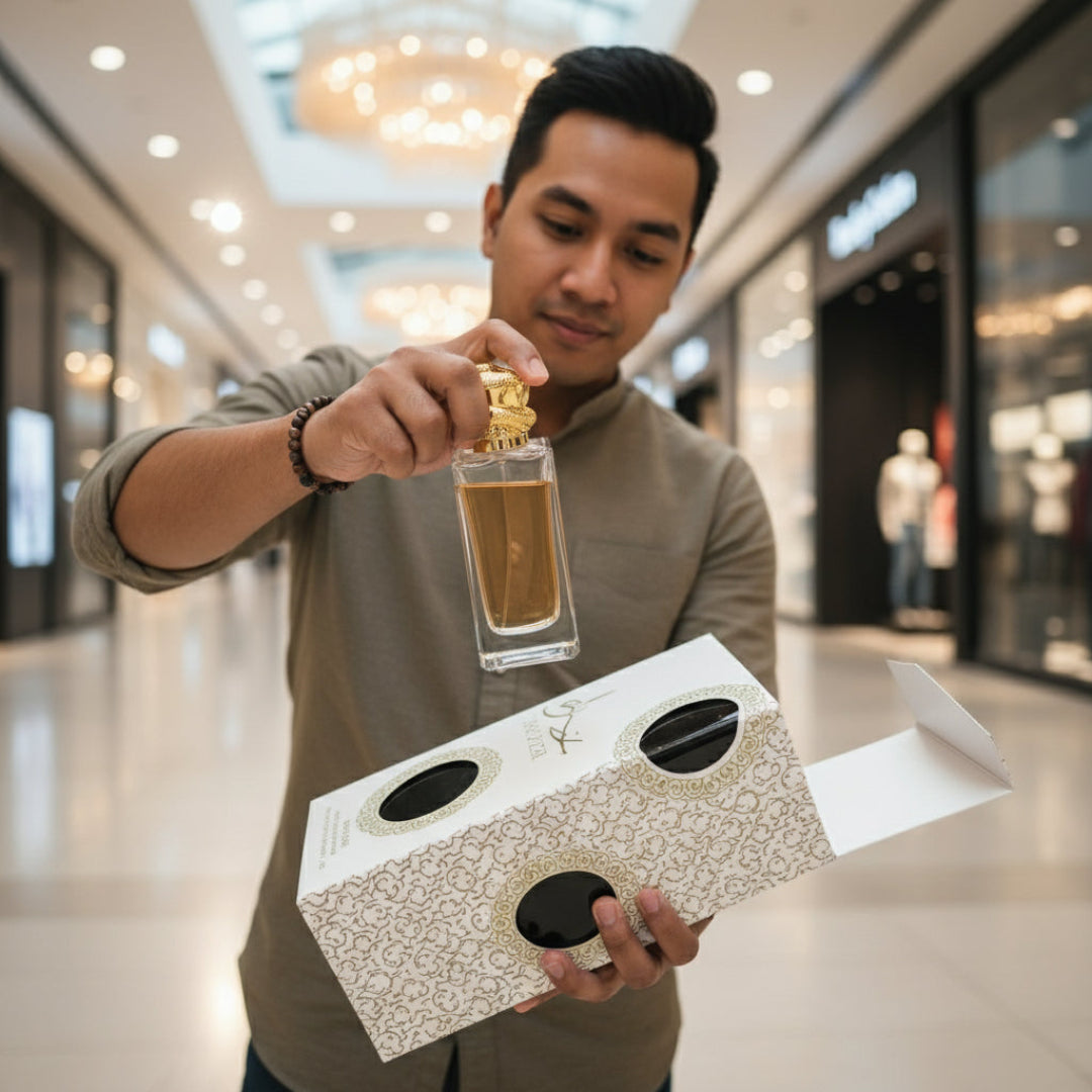 Ard Al Zaafaran Fakhar Al Oud “The White Oud” — Clear glass perfume bottle with gold cap and white tassel on marble table