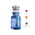 Blue perfume bottle with silver cap on a light gray background