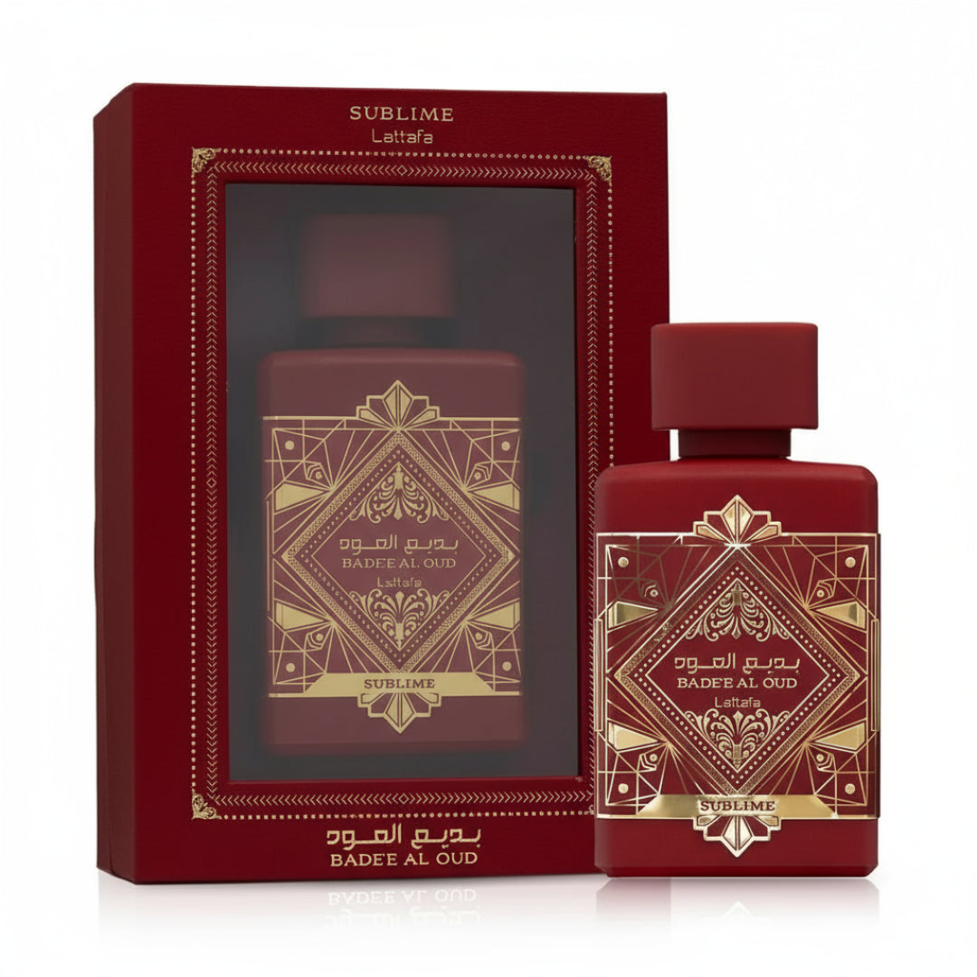 Red perfume bottle with gold designs and matching packaging on a white background