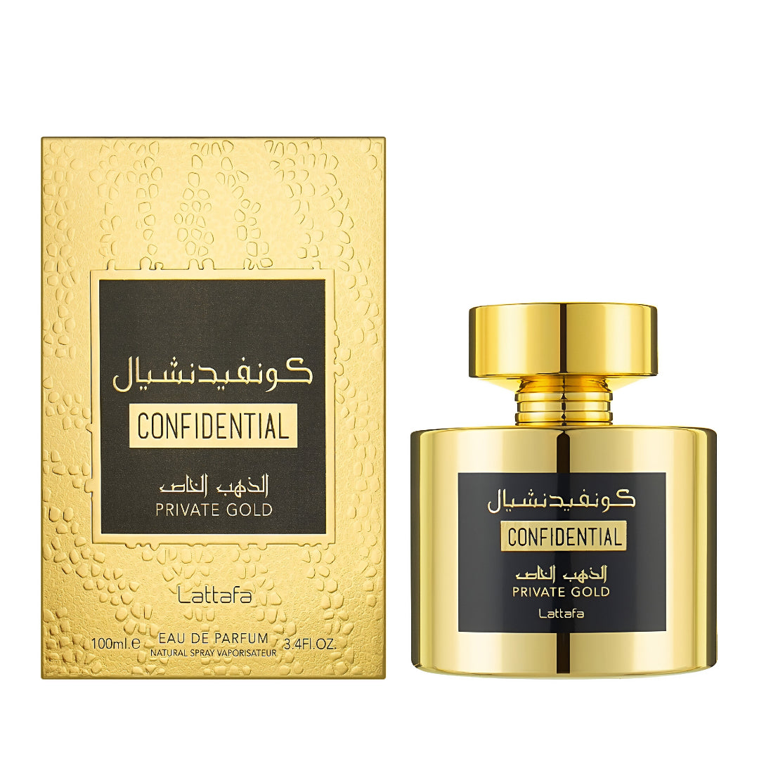 Gold perfume bottle and packaging of Confidential Private Gold by Lattafa on a white background