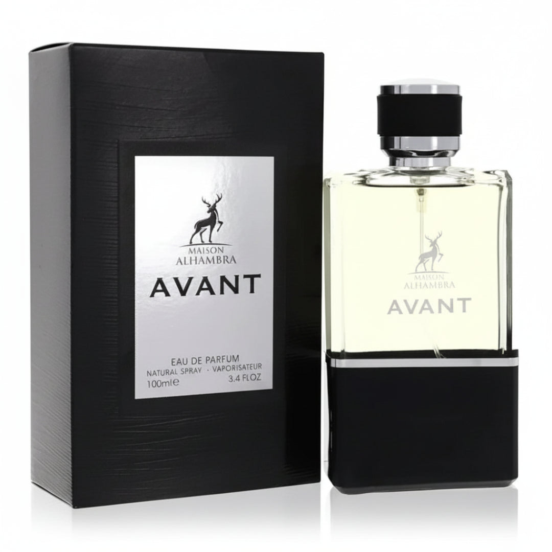 Maison Alhambra Avant perfume bottle and packaging on a white background
